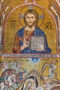 Cappella Palatina (Basilica), abside meridionale o "absidiola" di San Paolo, mosaici: "Cristo Pantocratore" e "Natività", XII secolo da Sicilian School