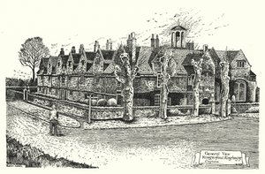 Vista generale, case di carità di Hungerford, Corsham (incisione) da Sidney Heath