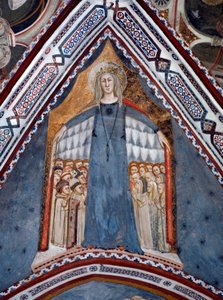 Rappresentazione della Vergine Maria Madre della Chiesa. Affresco della Cappella della Vergine realizzato dalla Scuola di Siena del XIV secolo - Monastero di San Benedetto (Sacro Speco), Subiaco (Roma), Italia