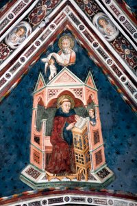 Vista del dettaglio di un affresco che decora una delle volte della Chiesa Superiore rappresentante i quattro dottori della Chiesa Romana: San Gregorio I il Grande e l