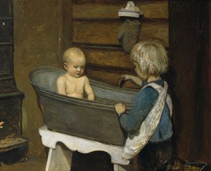 Bambini che giocano in una tinozza da Sigmund Sinding