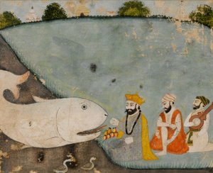 Guru Nanak con Bala, Mardana e il grande pesce (Vishnu in Matsyavatara) da Sikh School