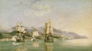Attacco al convoglio di diciotto navi mercantili francesi a Laigrelia e Alassio, 27 giugno 1812, inizio XIX secolo da Silas Thomson (attr.to) Hood