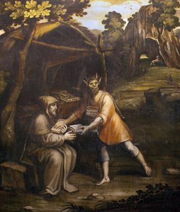 Il diavolo prende i libri sacri e li sostituisce con libri secolari; Dipinto di Simao Rodrigues (1560-1629) da Simao Rodrigues