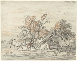 Casa contadina con un contadino che addestra il suo cavallo
