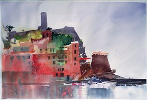 Fernazza, Otto barche, 2002 (acquerello su carta) da Simon Fletcher