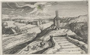 Paesaggio collinare con un mulino a vento da Simon Frisius (attributed to)