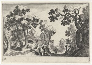 Paesaggio boschivo con contadini da Simon Frisius