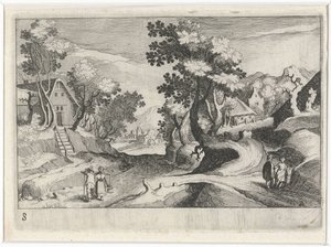 Paesaggio collinare boscoso con edifici e figure (Zuid-Europese landschappen, Topographia variarum regionum) da Simon Frisius