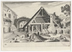 Veduta di un villaggio con la Sacra Famiglia da Simon Frisius