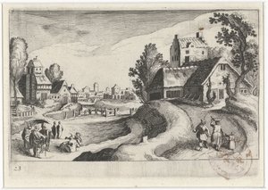 Panorama di un villaggio con una fattoria da Simon Frisius