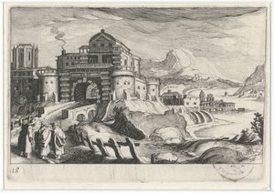 Discepoli di Emmaus davanti a una porta della città in un paesaggio montano