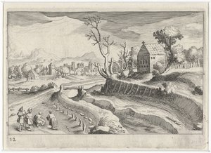 Paesaggio collinare con una cappella da Simon Frisius