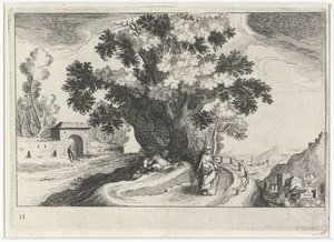 Paesaggio collinare con figure che si baciano sotto un albero da Simon Frisius