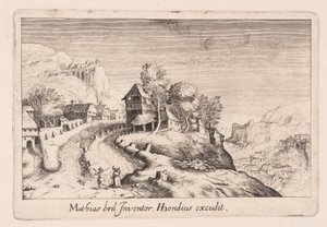 Paesaggio con sentiero su una montagna attraverso un villaggio, da Topographia Variarum Regionum da Simon Frisius