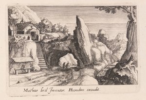 Coppia di figure che camminano sotto un ponte di roccia, da Topographia Variarum Regionum