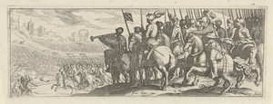 Cavalieri con lance Cavalleria (titolo della serie) Faecvnda qvam sit acris ingeni viris dilecta Phaebo et gratys Florentia, sat indicant pvgnae, enthea vi pectoris quas Mercuri sculpsit cliens tempestivs (titolo della serie) da Simon Frisius