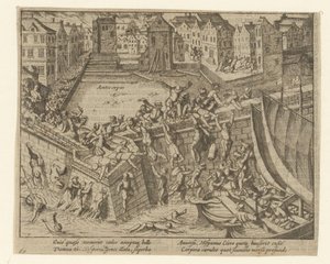 La furia spagnola: gli abitanti fuggono nella Schelda, 1576 da Simon Frisius