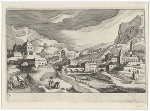Veduta di città in una valle fluviale da Simon Frisius
