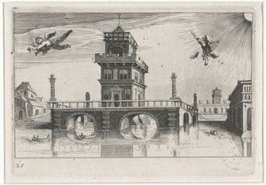 Veduta di città con Icaro e Dedalo