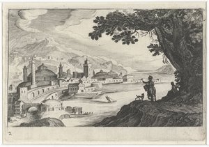 Panorama urbano con un edificio dal tetto a cupola da Simon Frisius