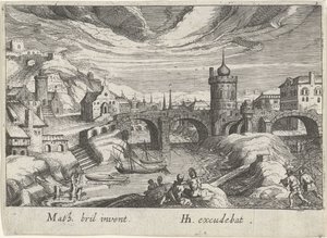 Veduta urbana con un fiume da Simon Frisius
