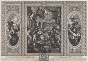 Scena allegorica che mostra i benefici del regno di Giacomo al centro, Governo Saggio da Simon Gribelin
