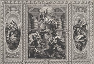 Giacomo I nomina Carlo re di Scozia al centro, Minerva trafigge l