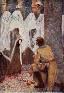 Il Cavaliere Scozzese in ginocchio osservava mentre le suore velate passavano, illustrazione per 