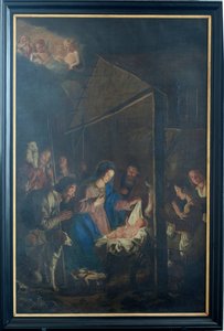 Chiesa parrocchiale (Onze-Lieve-Vrouw-Hemelvaartkerk). Interno. Dipinto. Scena di Natale. Simon De Paepe. Origine abbazia Ename (?) da Simon II de Pape