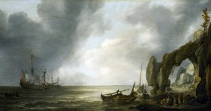 Navi da guerra olandesi ancorate al largo di una costa rocciosa, alcuni membri dell