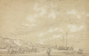 Pescatori che asciugano le reti sulla spiaggia di Scheveningen da Simon Jacobsz. Vlieger