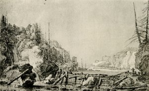 Paesaggio con un fiume tra rive montuose