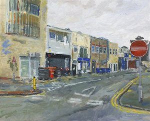 Retro della sfilata di negozi, 2025 (olio su tavola) da Simon Neville