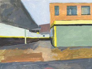 Piazzale del garage, 2025 (acrilico su carta) da Simon Neville