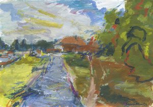 Pavenment  shortcut to houses, 2024 (acrilico, acquerello, matite acquerellabili e pastello a olio su carta) da Simon Neville