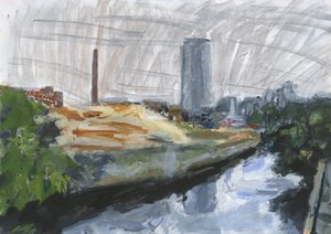 River Wandle and Ram Brewery redevelopment site, Wandsworth, 2025 (acrilico, penne a vernice acrilica, penne a china, penne a inchiostro a base di olio e grafite su carta) da Simon Neville