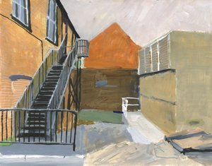 Small courtyard, Wandsworth, 2025 (acrilico, penne a vernice acrilica, penne a china, penne a olio e grafite su carta) da Simon Neville
