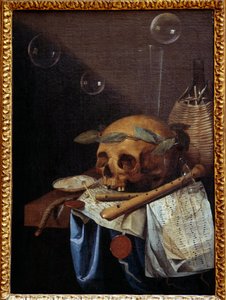 Vanità natura morta con teschio, corona di alloro, flauti, spartito e brocca di vino da Simon Renard de Saint Andre