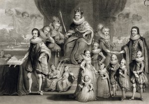 Sua Maestà Giacomo I e la sua progenie reale insieme alla famiglia del re di Boemia, inciso da Charles Turner, 1814 da Simon de Passe