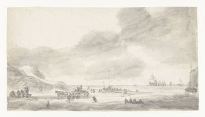 Vista della spiaggia con pescatori di conchiglie e passeggiatori da Simon de Vlieger (possibly)