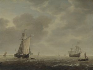 Una nave da guerra olandese e varie imbarcazioni in una brezza da Simon de Vlieger