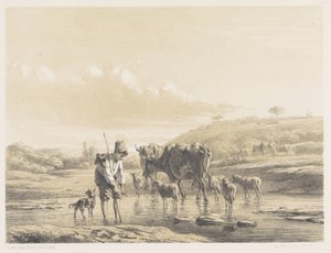 Giovane pastore con gregge in acqua bassa da Simon van den Berg