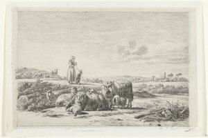 Paesaggio con pastorella e cane presso un gregge di pecore da Simon van den Berg