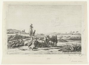 Paesaggio con pastorella e cane presso un gregge di pecore da Simon van den Berg