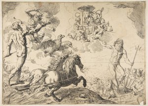 Giove, Nettuno e Plutone offrono le loro corone alle armi del Cardinale Borghese da Simone Cantarini