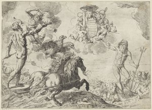 Giove, Nettuno e Plutone offrono le loro corone allo stemma del cardinale Scipione Borghese da Simone Cantarini