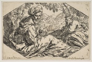 Riposo in Egitto, Maria che tiene e guarda il bambino Gesù mentre San Giuseppe, ca. 1637-1639 da Simone Cantarini