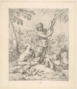 Riposo in Egitto, Maria che allatta il bambino Gesù mentre un angelo tira i rami di un albero, ca. 1630-1648 da Simone Cantarini