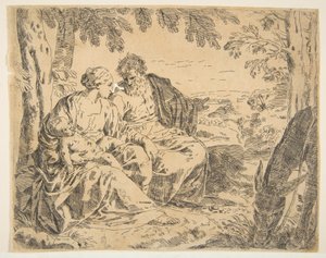 Riposo durante la fuga in Egitto, Maria che tiene il bambino Gesù mentre San..., ca. 1637-1639 o dopo da Simone Cantarini